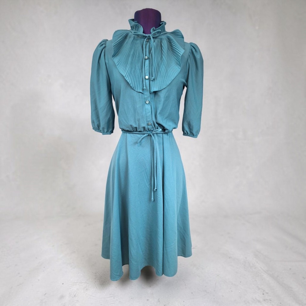 Promises Petites Vintage Teal Blue Pleated Bib Midi Dress Ruffle Neck